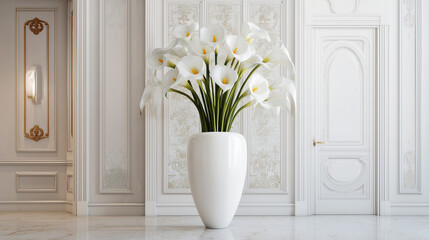 Calla lilies in a white vase against a white patterned wall in a bright and elegant room setting