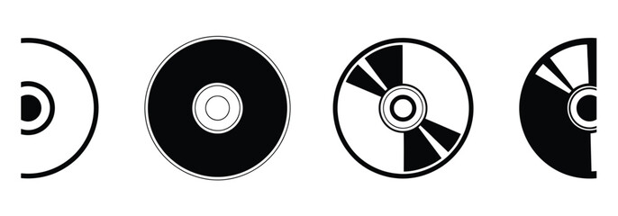 WebUnique black and white CD icons in a row offering a vintage tech feel for your next design project, perfect for music enthusiasts and retro-inspired graphics, simple yet stylish discs