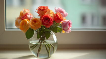 Bouquet of colorful roses in a clear glass vase sitting on a windowsill against a blurred background