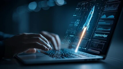 Futuristic laptop with rocket launch simulation, digital technology and innovation concept - Powered by Adobe