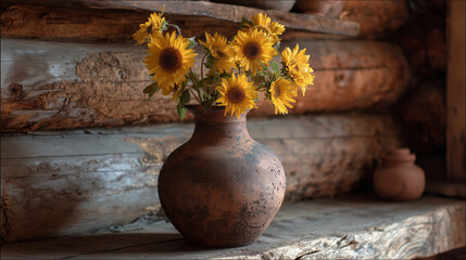 Still life featuring sunflowers in a rustic vase against a wooden log cabin wall backdrop scene