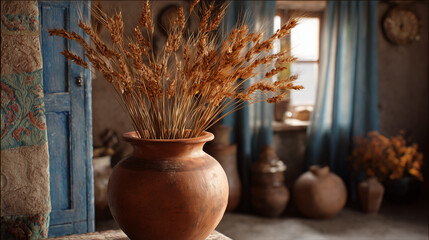 Still life of wheat in a clay pot with blue curtains and a door in a rustic interior scene