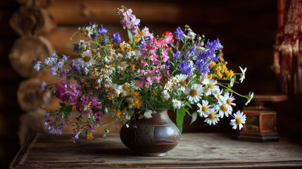 Still life of a bouquet of wildflowers in a vase on a wooden table with a log cabin background