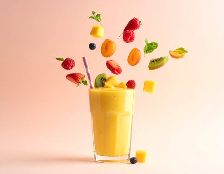Batido de frutas frescas, con trozos de frutas flotando y una pajita decorativa. Fondo suave con tonos pastel
