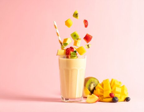 Batido de frutas frescas, con trozos de frutas flotando y una pajita decorativa. Fondo suave con tonos pastel
