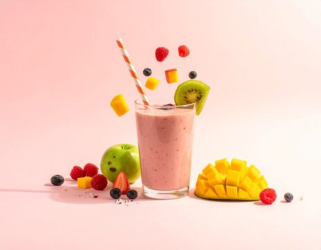 Batido de frutas frescas, con trozos de frutas flotando y una pajita decorativa. Fondo suave con tonos pastel