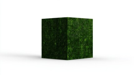 A digital cube covered in green binary code, symbolizing data, technology, and the digital age.