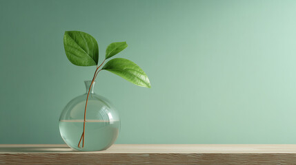 Plant with green leaves in a clear glass vase filled with water on a wooden surface against a green wall