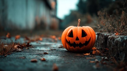 A carved pumpkin with a mischievous grin sits on a damp pathway, surrounded by fallen leaves, evoking the spooky essence of Halloween.