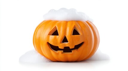 A playful Halloween pumpkin with a smiling face, surrounded by white bubbles, creating a whimsical and fun atmosphere.