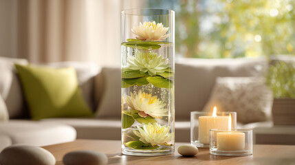 Clear vase filled with water lilies and lily pads sitting on a table with candles nearby