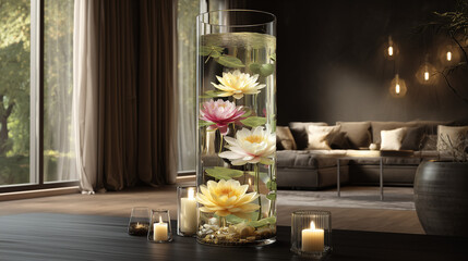 Still life of lotus flowers in a glass vase with candles in a dimly lit modern living room setting