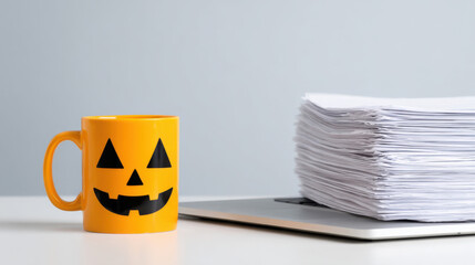 A cheerful Halloween-themed mug beside a stack of papers and a laptop, showcasing a blend of festive fun and work.