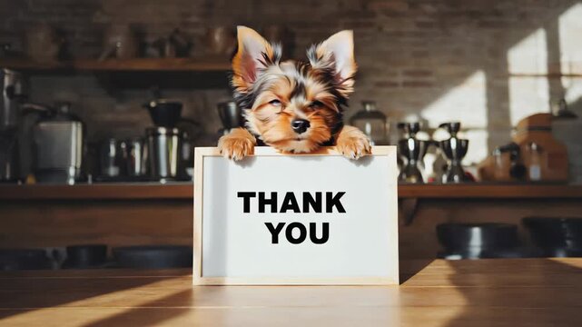 cute Yorkshire terrier dog holding board with text thank you