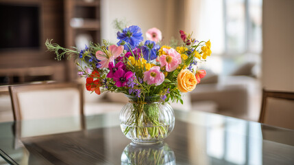 Colorful flower arrangement in a clear vase on a table in a bright and airy room setting indoors