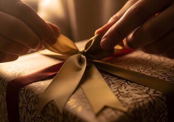 Female hands carefully untying gold ribbon on beautifully wrapped Christmas present under warm candlelight, symbolizing joy of giving.