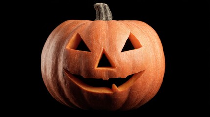 A carved pumpkin with a cheerful expression, illuminated against a dark background, symbolizing Halloween festivities.