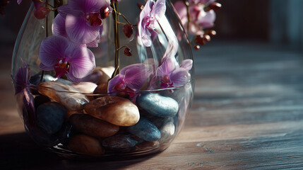 Still life of orchids in a glass vase with decorative stones sitting on a wooden surface in soft light