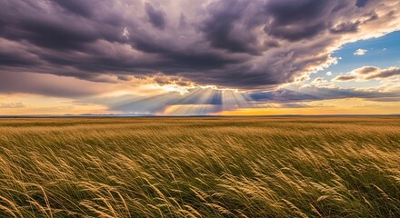 Dramatic sunset sky with sunbeams breaking through dark storm clouds over a golden wheat field