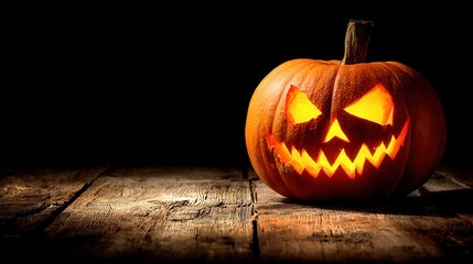 A carved pumpkin with a sinister expression glows warmly in the dark, casting eerie shadows on a rustic wooden surface, perfect for Halloween.