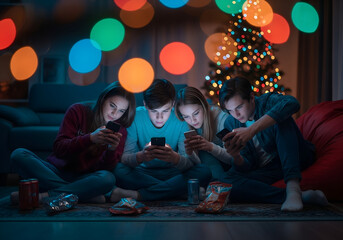 Four teenagers sitting together using smartphones in front of Christmas tree, snacks around, illustrating digital togetherness during holidays.