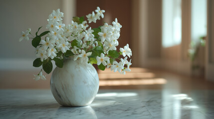 White flowers in a marble vase on a marble floor with a blurred background in a bright room