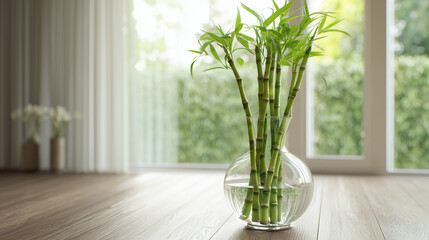 Bamboo stalks in a glass vase on a wooden floor with a window and garden view in the background