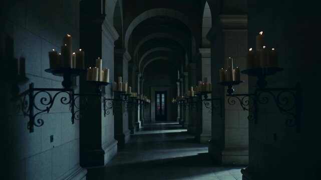 Burning candles in an empty hallway go out without wind by a ghost