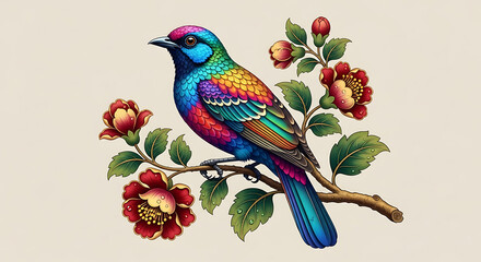 Obraz premium Colorful Bird Illustration Perched On A Branch With Blooming Red Flowers Elegant Design