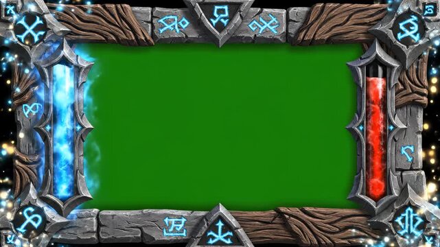 Epic Fantasy Game Frame with Glowing Fire and Ice Magic Runes on a Green Screen Background.