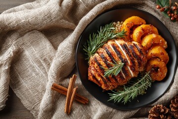 Flat lay of grilled chicken with roasted butternut squash, cinnamon accents, rustic linen, autumninspired protein dish