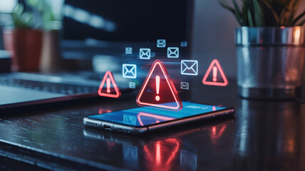 Mobile phone with multiple warning alerts and spam emails indicating cyber security threat phishing scam technology concept on desk