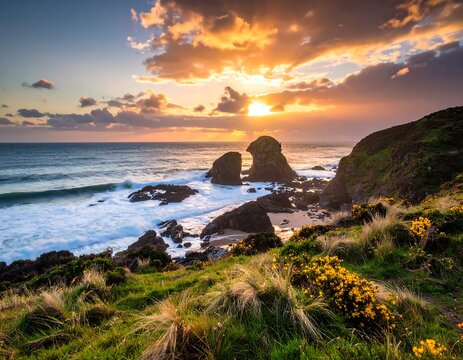 Coastal vista at sunset with rocky formations, ocean waves, grassy hillside, and colorful sky