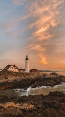 Portland Head Lighthouse Sunset in Maine New England. Wide Rocky Shore Beautiful Warm Glowing Light