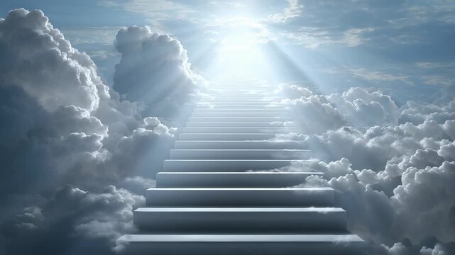 A stairway of glowing steps climbs through bright clouds toward a radiant sky, suggesting ascension, purity and hopeful transcendence beyond earthly limits concept
