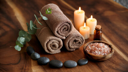 Spa treatment arrangement with towels candles and essential oils for wellness