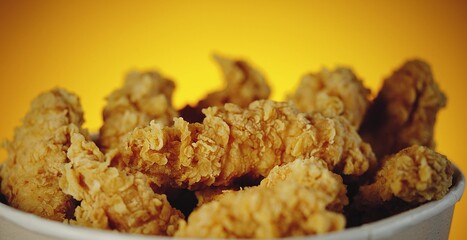 Crispy fried chicken strips in bucket with golden texture under warm lighting, representing fast food, comfort meal, and delicious snack concept for culinary and restaurant design © Muhammad