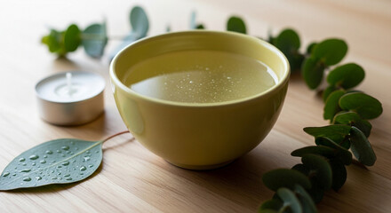 Close-Up of Small Matte Yellow Bowl with Clear Liquid, Green Dewy Eucalyptus Leaves, and White Tea...