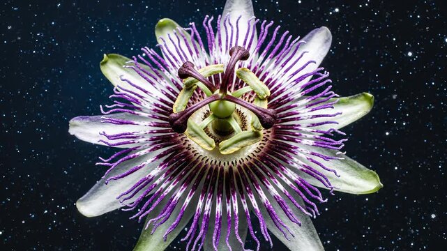Surreal Time-Lapse of a Passion Flower (Passiflora) Blooming on a Magical Starry Background.