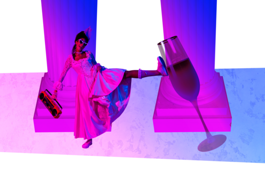 Composite art image collage of happy carefree duchess girl hold retro boombox dance champagne glass beverage celebration