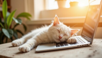 Cat sleeping on laptop in sunny interior, enjoying a restful nap. Adorable white cat, Felis catus, comfortably nestled for cat sleeping, uses device as pillow.