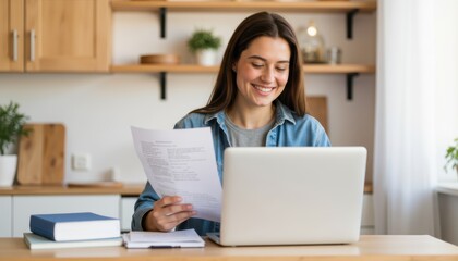 Young woman working from home with documents and laptop, happily managing her business. Remote work setup shows her smiling while reading documents at home, enjoying flexible working.