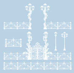 frozen street lights decorated with pine tree branches, gates and elegant wrought fence - winter season vector design set (editable elements)