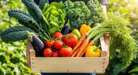 Harvest basket of fresh vegetables in a green garden