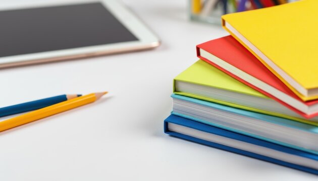 Colorful notebooks stacked on white desk near tablet present vibrant school supplies, books piled high. Back to school concept, colorful notebooks, textbooks evoke learning,