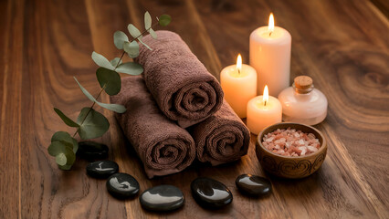 Spa wellness and relaxation setting with towels candles and salts