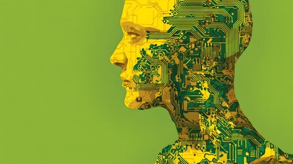 Human profile silhouette filled with intricate electronic circuit patterns against a vibrant green background