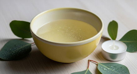 Elegant Small Ceramic Bowl with Matte Yellow Glaze Filled with Clear Liquid on Wooden Table with Eucalyptus Leaves and White Tea Candle

