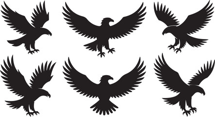 Obraz premium Six Black Silhouette Eagles in Flight, Wings Spread, Landing Poses on a White Background
