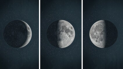 Moon Phases Triptych — Elegant lunar cycle wall art showing waxing, full, and waning moon across three panels in silver tones.